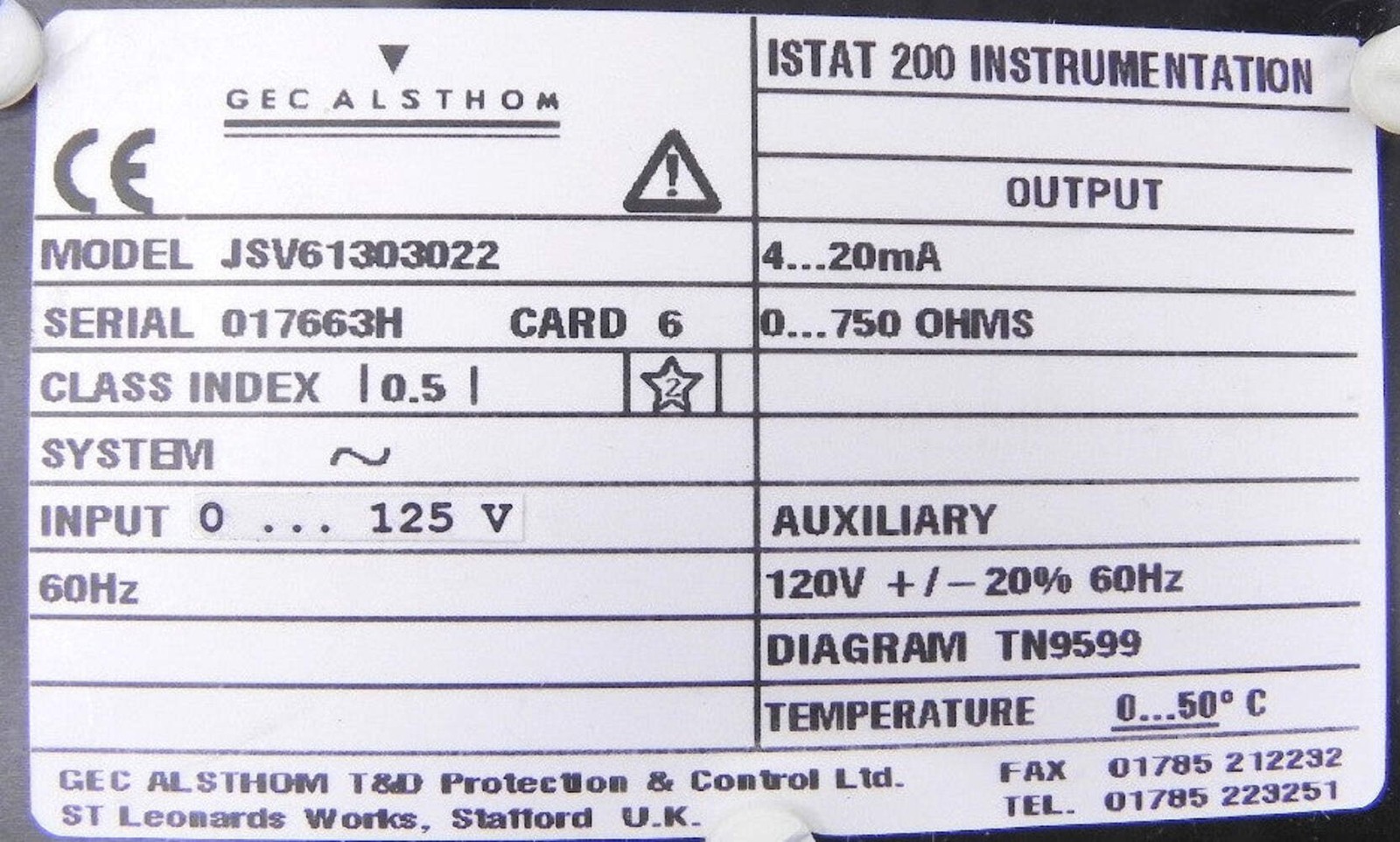 Gec Alsthom Istat 200 Voltage Module Used JSV61303022