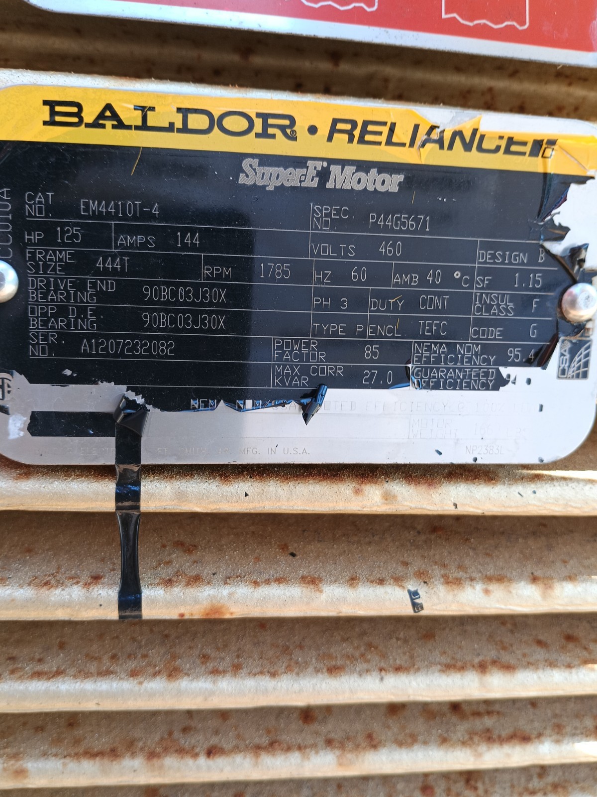 BALDOR RELIANCE SUPER E MOTOR EM441OT-4 125 HP 1785 RPM 460VOLTS
