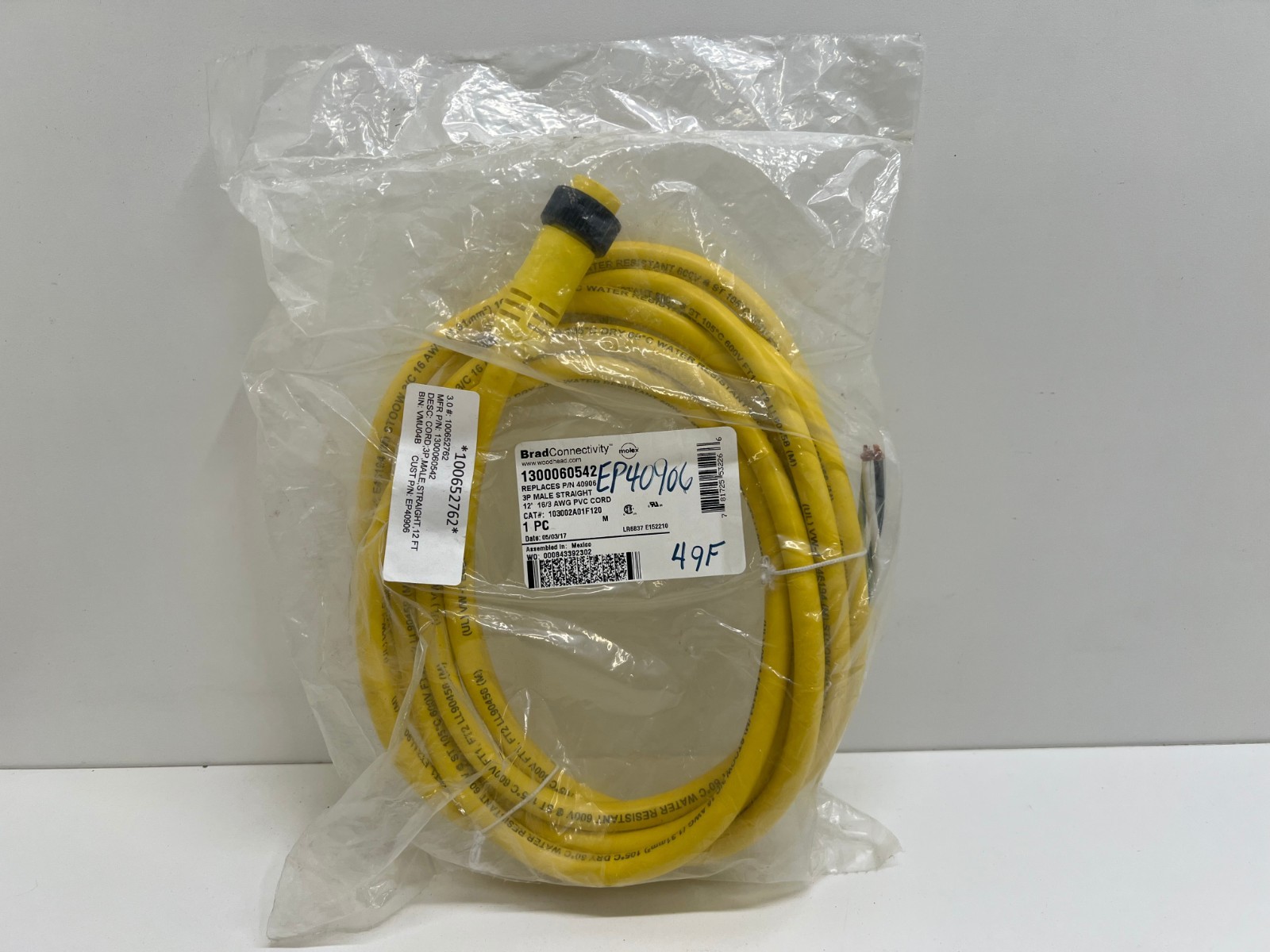 NEW OLD STOCK! BRAD CONNECTIVITY WOODHEAD 3P MALE CORDSET 103002A01F120