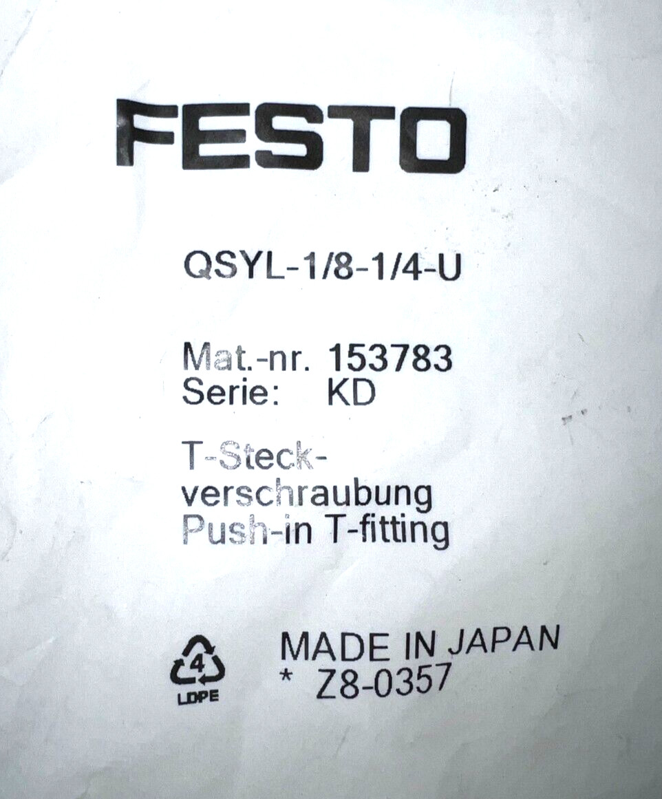 FESTO PUSH-IN MALE TWIN ELBOW FITTING PBT/ BRASS QSYL-1/8-1/4-U LOT OF 4*
