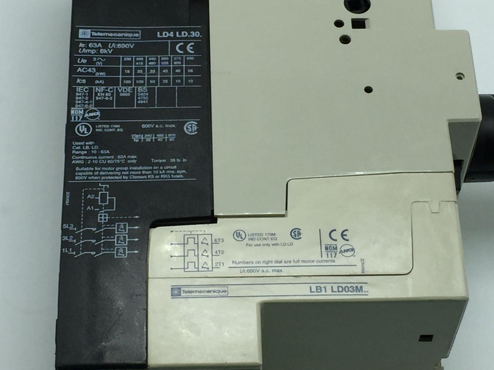 TELEMECANIQUE LD4-LD130BD & LB1-LD03M57 STARTER W/INTEGRAL STARTER OVERLOAD