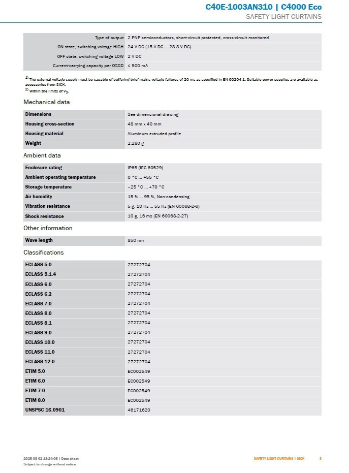 Sick C4000 ECO set of C40S-1003AA310/1027474 and C40E-1003AN310/1027475 24VDC 6m