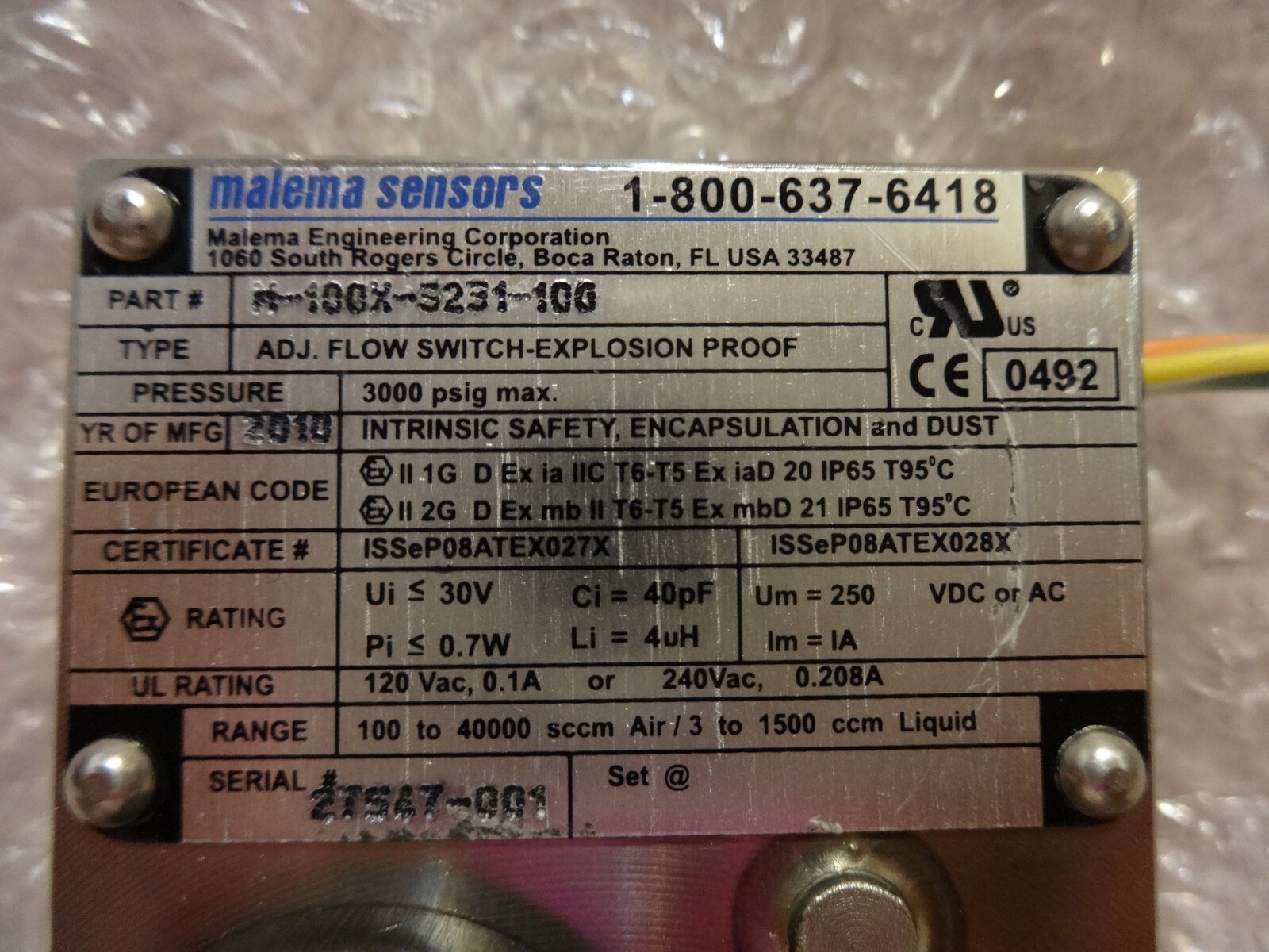 MALEMA SENSORS, M-100X Series Ex-proof Adjustable Flow Switches M-100X-S231-100