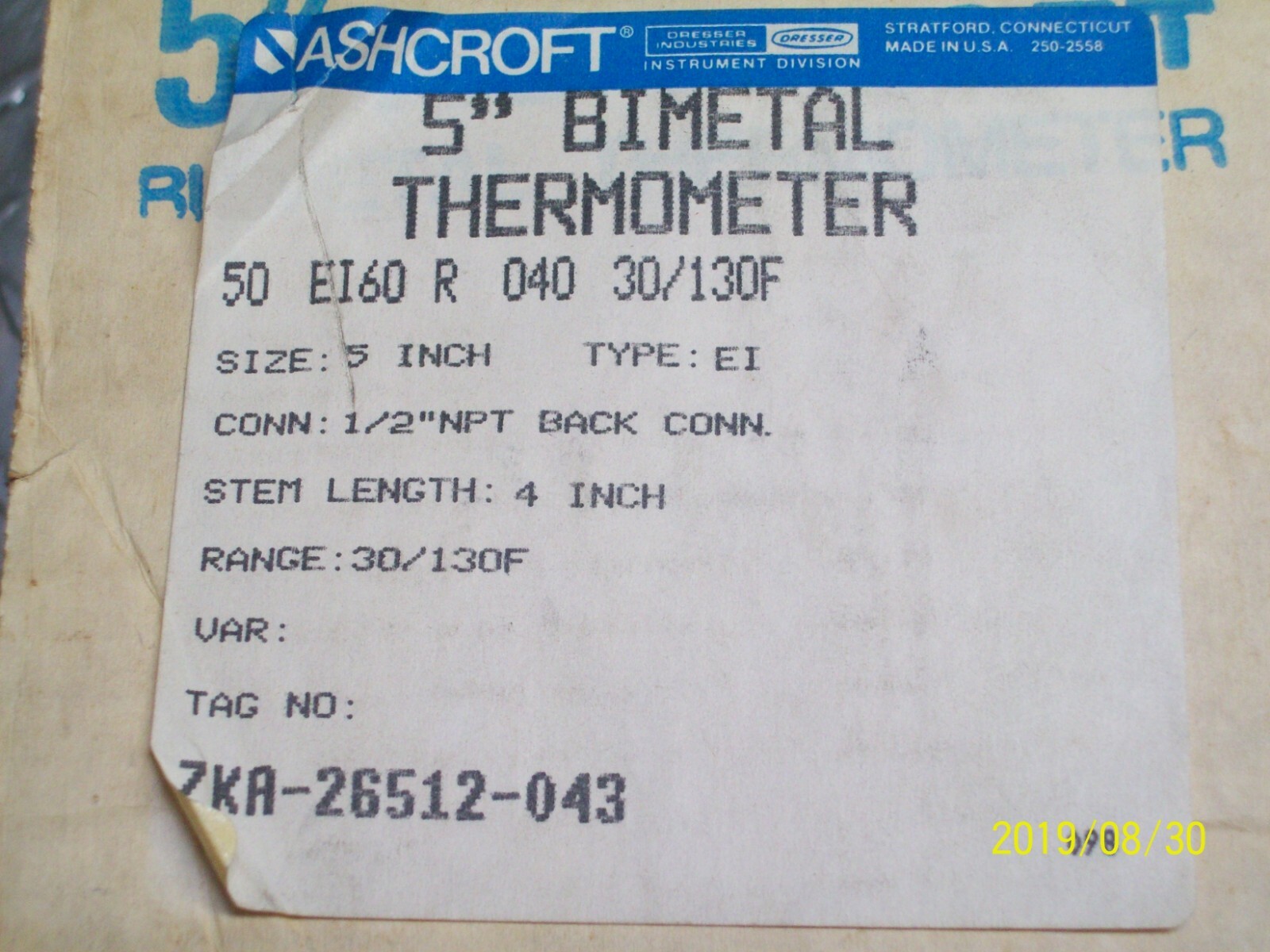 NEW ASHCROFT 50-EI-60-R-040-30/130F 5″ BIMETAL THERMOMETER 1/2″ NPT CONNECTION