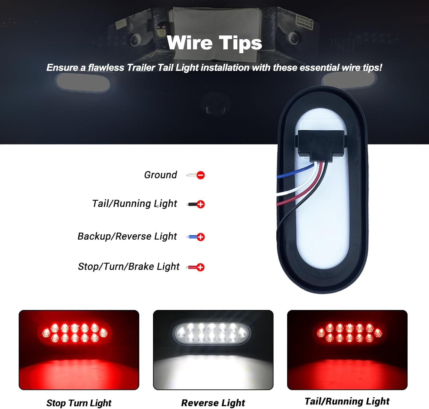 6 Inch Oval Dual Revolution LED Tail Lights Red Stop Turn Tail Lights White Back