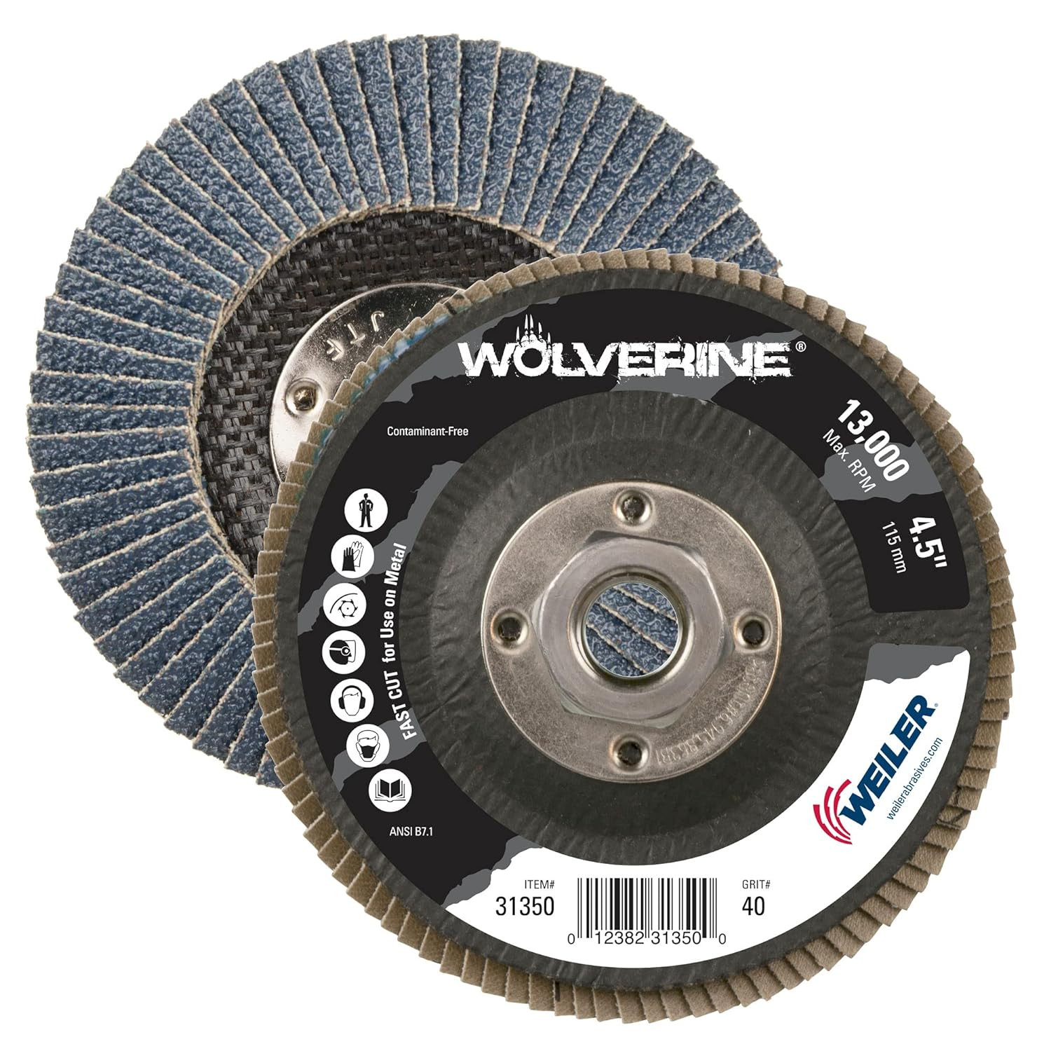 Weiler 31350 Wolverine 4-1/2″ Flap Disc 40 Grit Zirconia Alumina Type 29