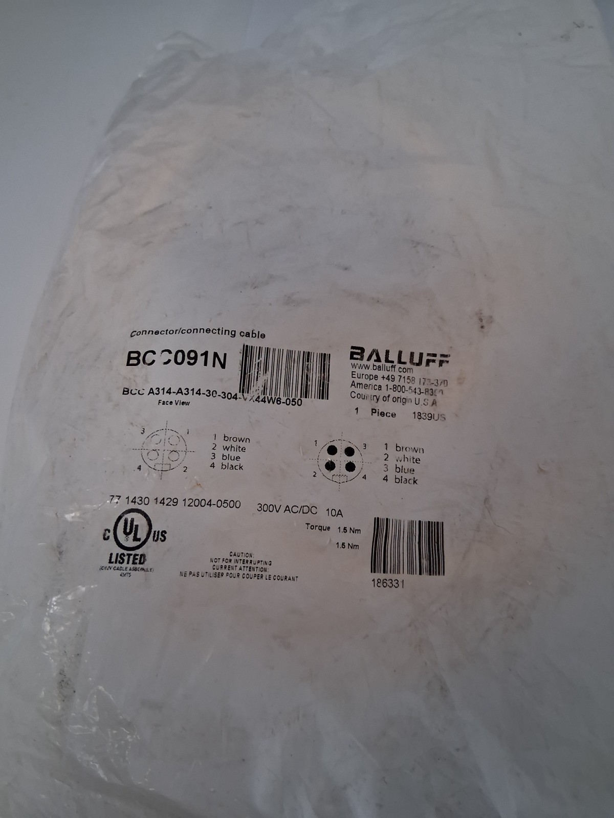 BALLUFF BCC A314-A314-30-304-VX44W6-050 (BCC091N) CORDSET 300V 10A 4 PIN M/F NIB