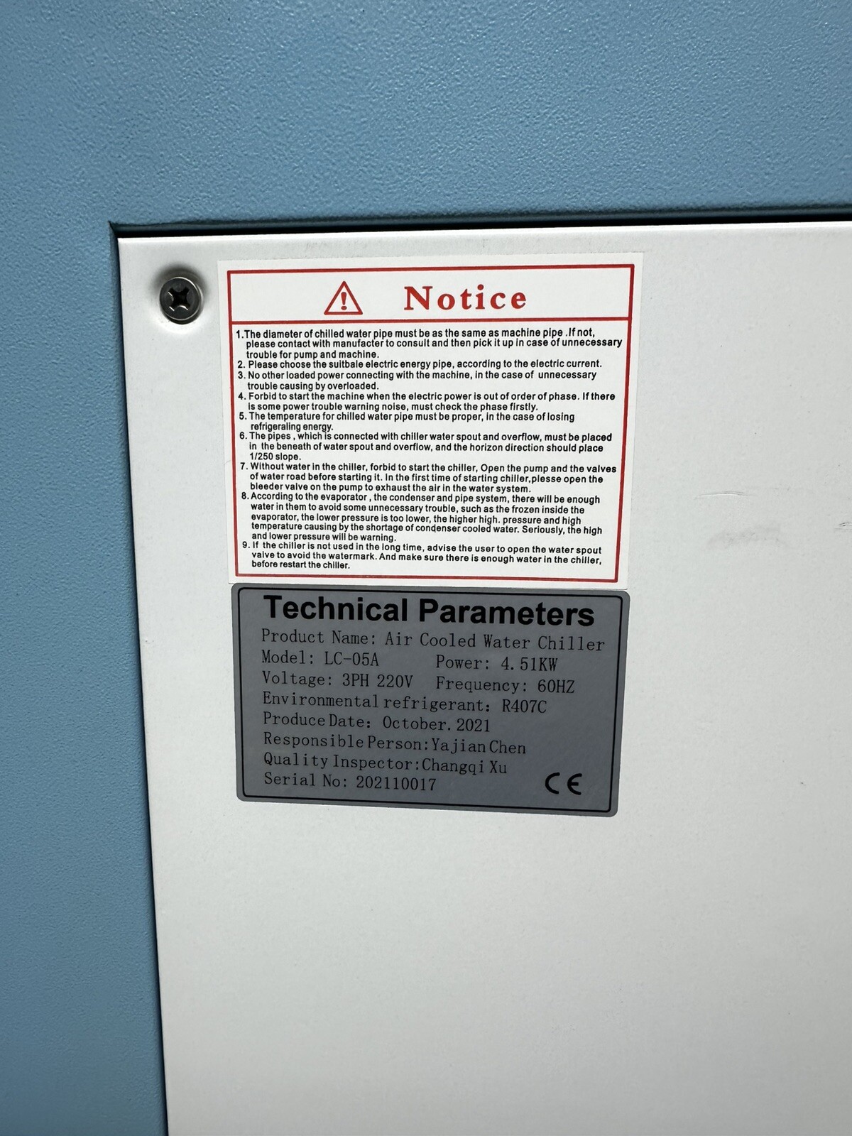 Vevor LC-05A Air cooled Water Chiller 4.51KW – 60Hz- 3PH – 220V – Unused