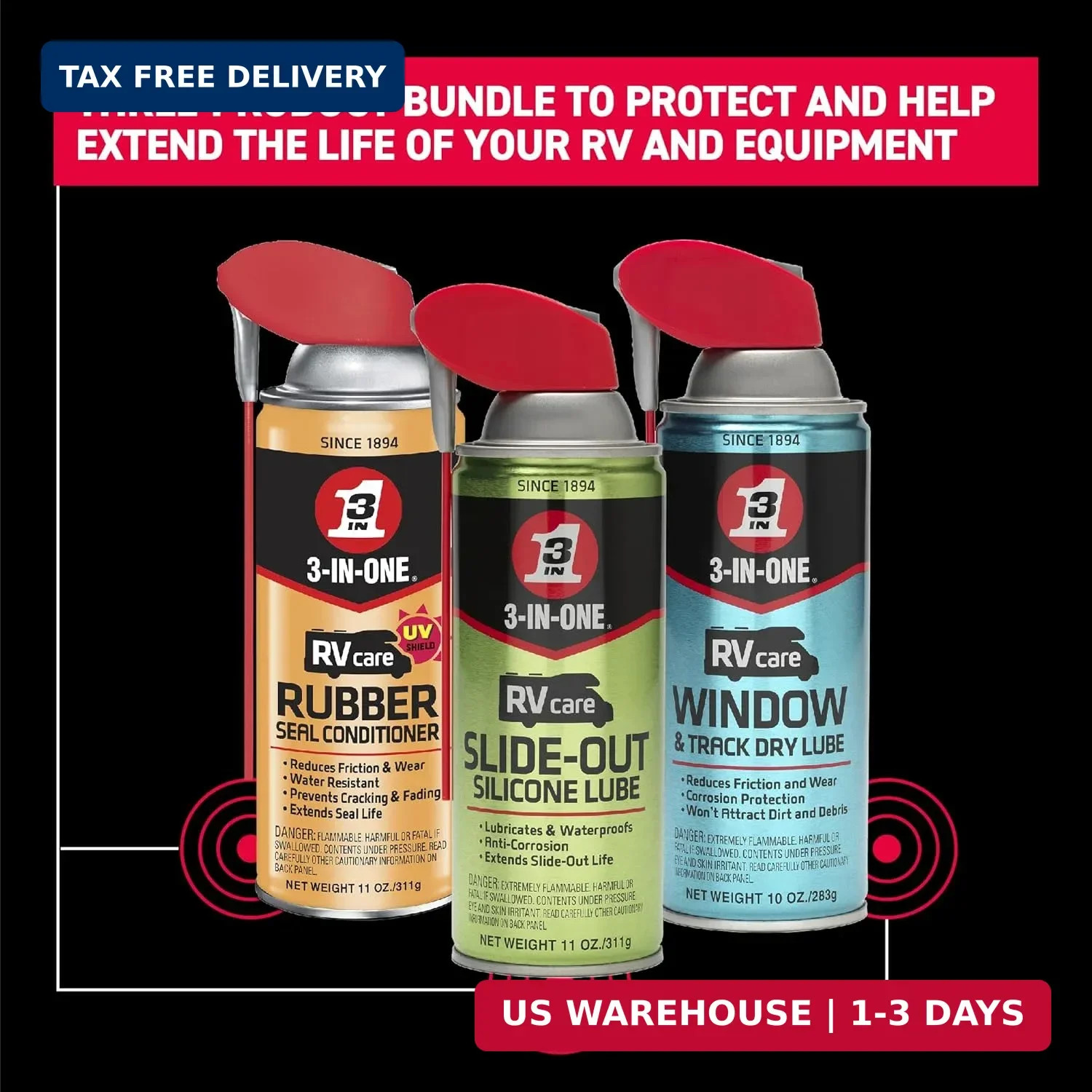 3-IN-ONE RV Care Trio Pack Includes Slide Out Lube 11 oz, Window & Track Lube