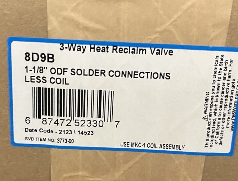 Parker Sporlan 3773-00 8D9B 1-1/8 Inch ODF Heat Reclaim Valve Less MKC-1 Coil