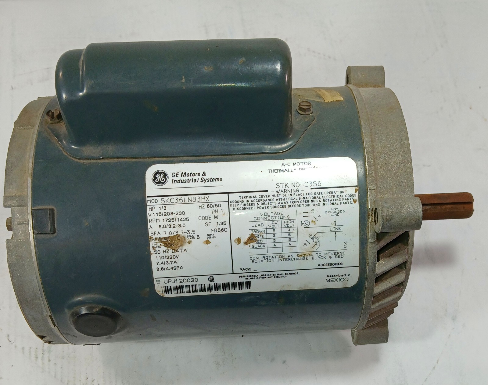 1 USED GE MOTORS 5KC36LN83HX 1/3 HP GENERAL PURPOSE AC MOTOR ***MAKE OFFER***