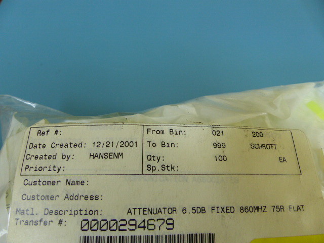 Scientific Atlanta 189414 Qty of 20 per Lot 6.5dB ATTENUATOR TO5 860MHZ 75 O