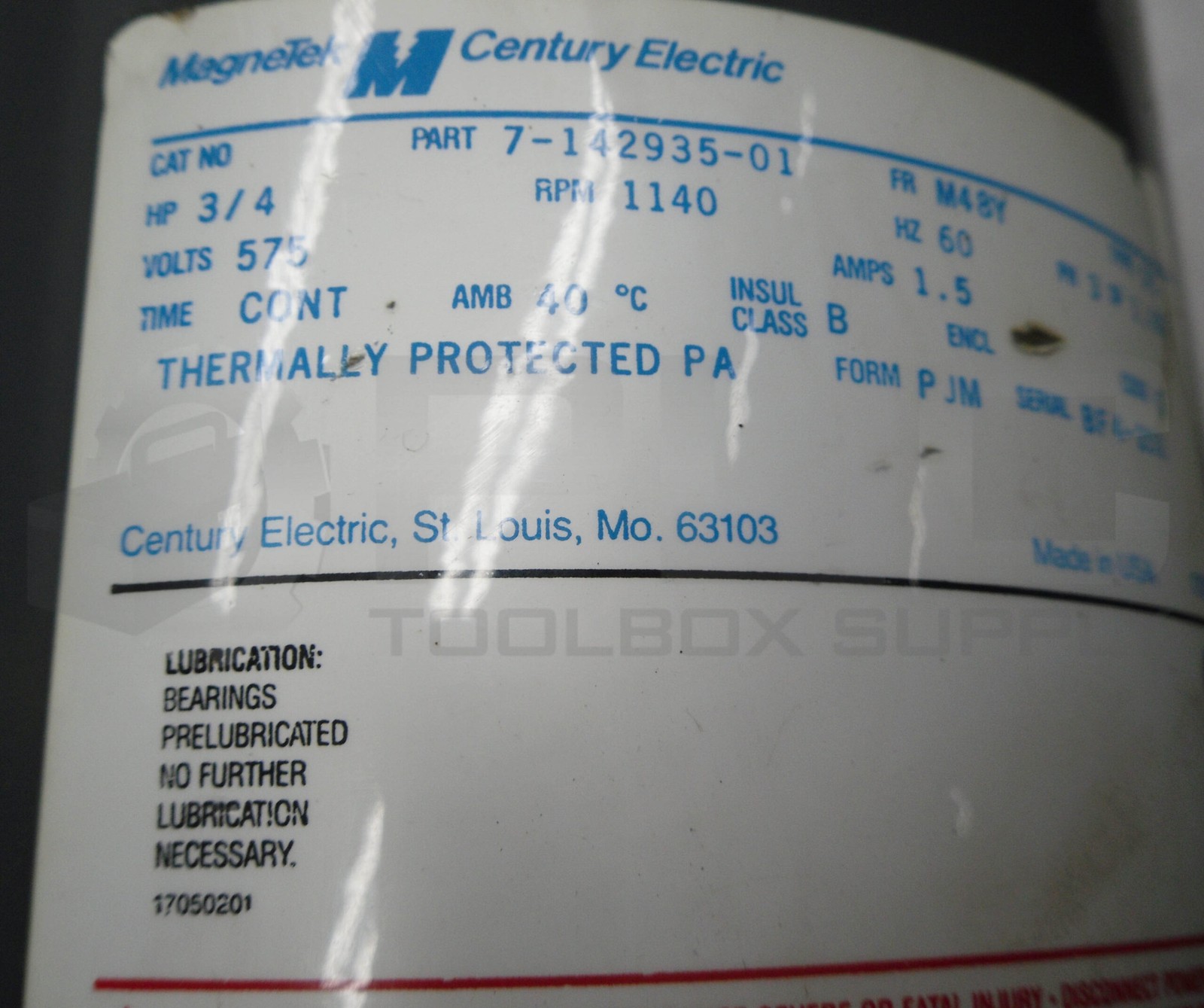 MAGNETEK 7-142935-01 CENTURY ELETRIC, 3/4 HP, 1140 RPM, 3PH, M48Y FRAME, 1.5A