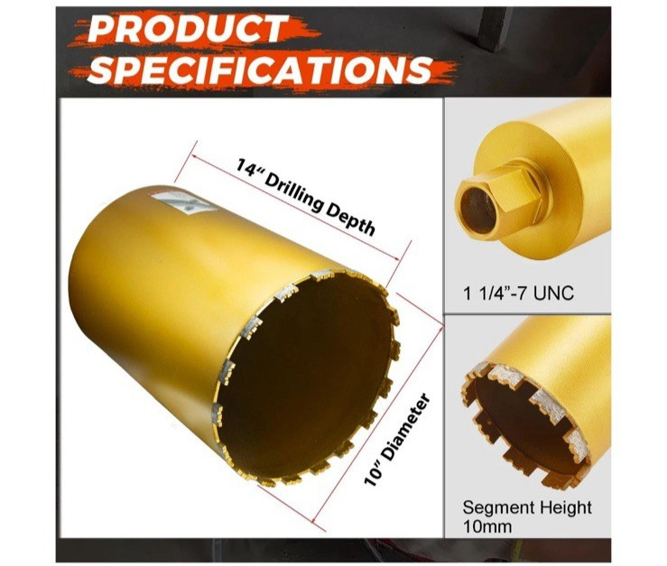 10″ Diamond Core Drill Bit Wet Coring 1-1/4-7 Thread 14″ Depth Concrete New