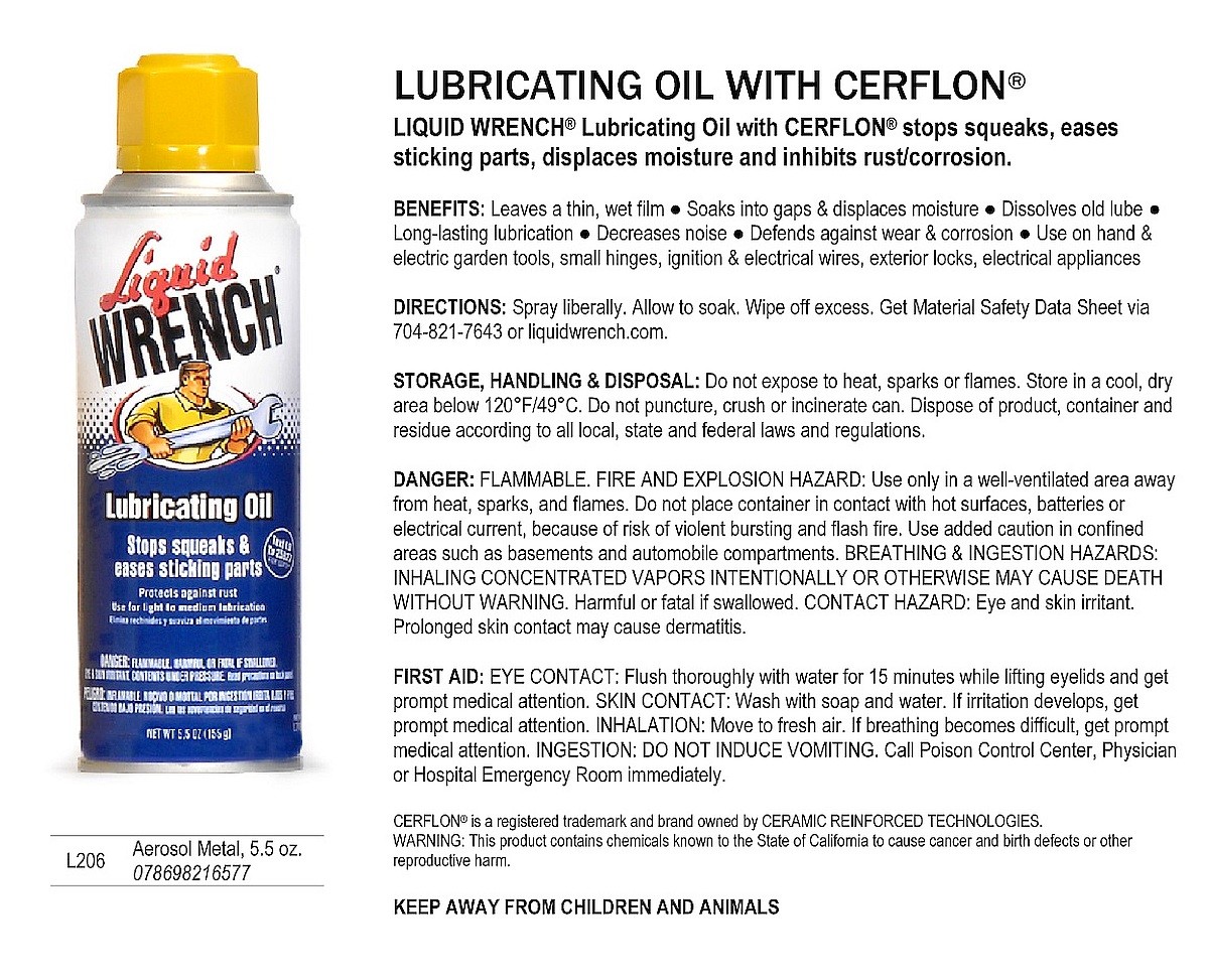 MULTI PURPOSE OIL Aerosol Lubricant Cerflon PTFE 5.5 oz spraY Liquid Wrench L206