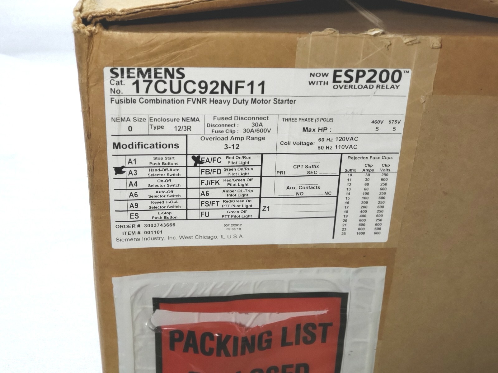 SIEMENS 17CUC92NF11, Starter,Fusible Combo FVNR SZ0,3-12Amps,N12/3R,120V, N£W