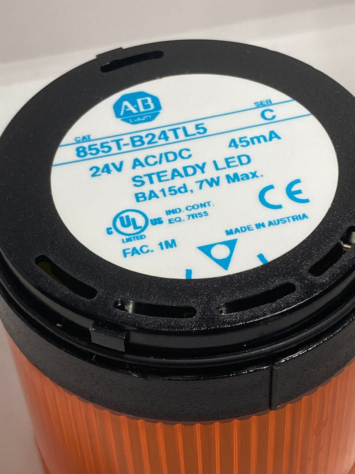ALLEN BRADLEY 855T-B24TL5 STACK LIGHT AMBER STEADY LED 24VAC/DC 45MA SERIES C