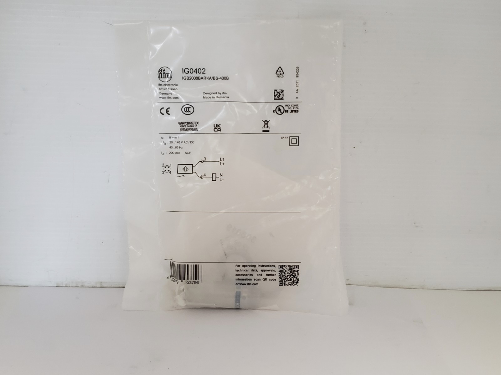 IFM ELECTRONIC IGB2008BARKA/BS-400B INDUCTIVE PROXIMITY SENSOR N.O. (IG0402) NIB