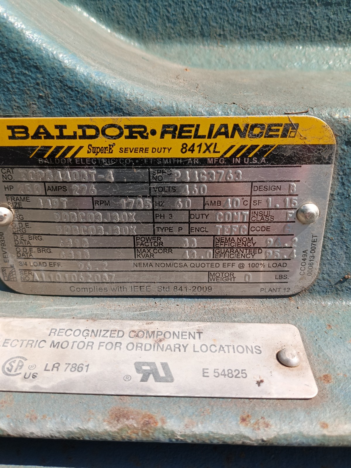 BALDOR RELIANCE 250HP SUPER E SERVE DUTY 841XL ECP84408T-4 460 VOLTS 1785 RPM