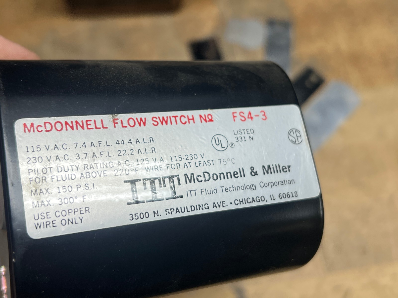ITT McDONNELL FLOW SWITCH FS4-3-RP MAX 150 PSI MAX 300F used