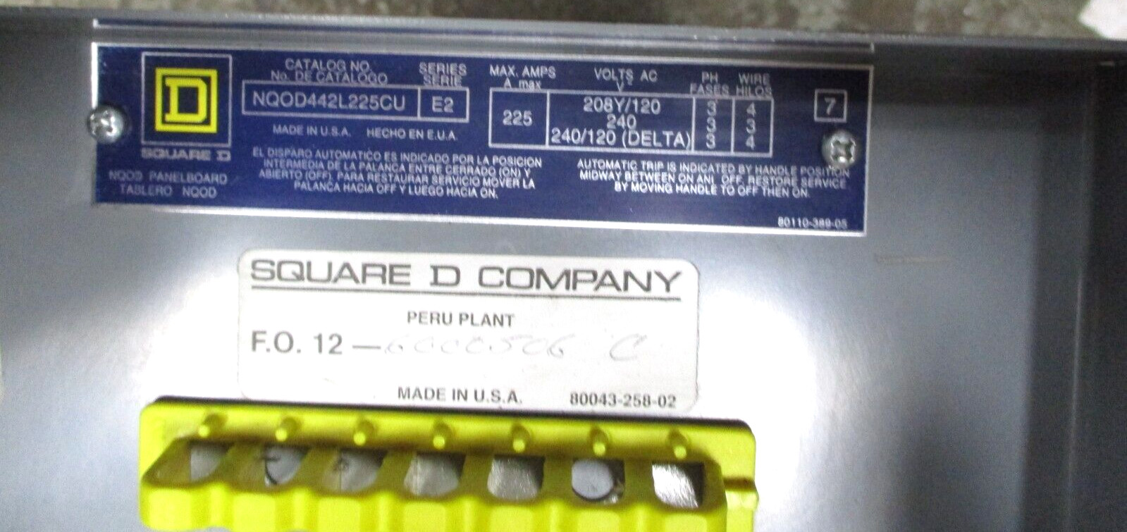 Square D NQ0D442L225CU Panel Board Circuit Breaker 225 Max Amps A8485AB