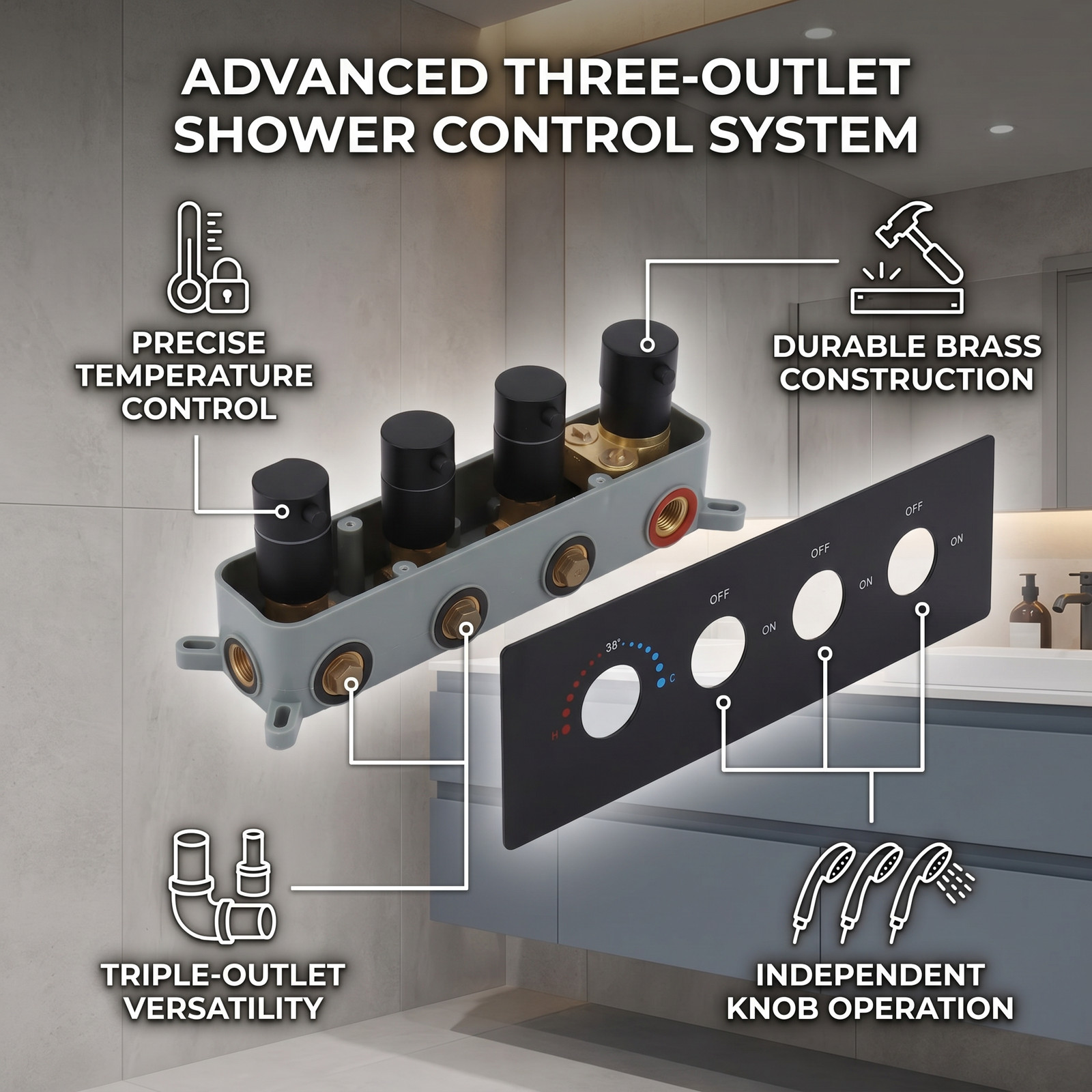 Shower Diverter Valve Concealed Thermostatic Mixer Brass 3 Way Valve Kit 02