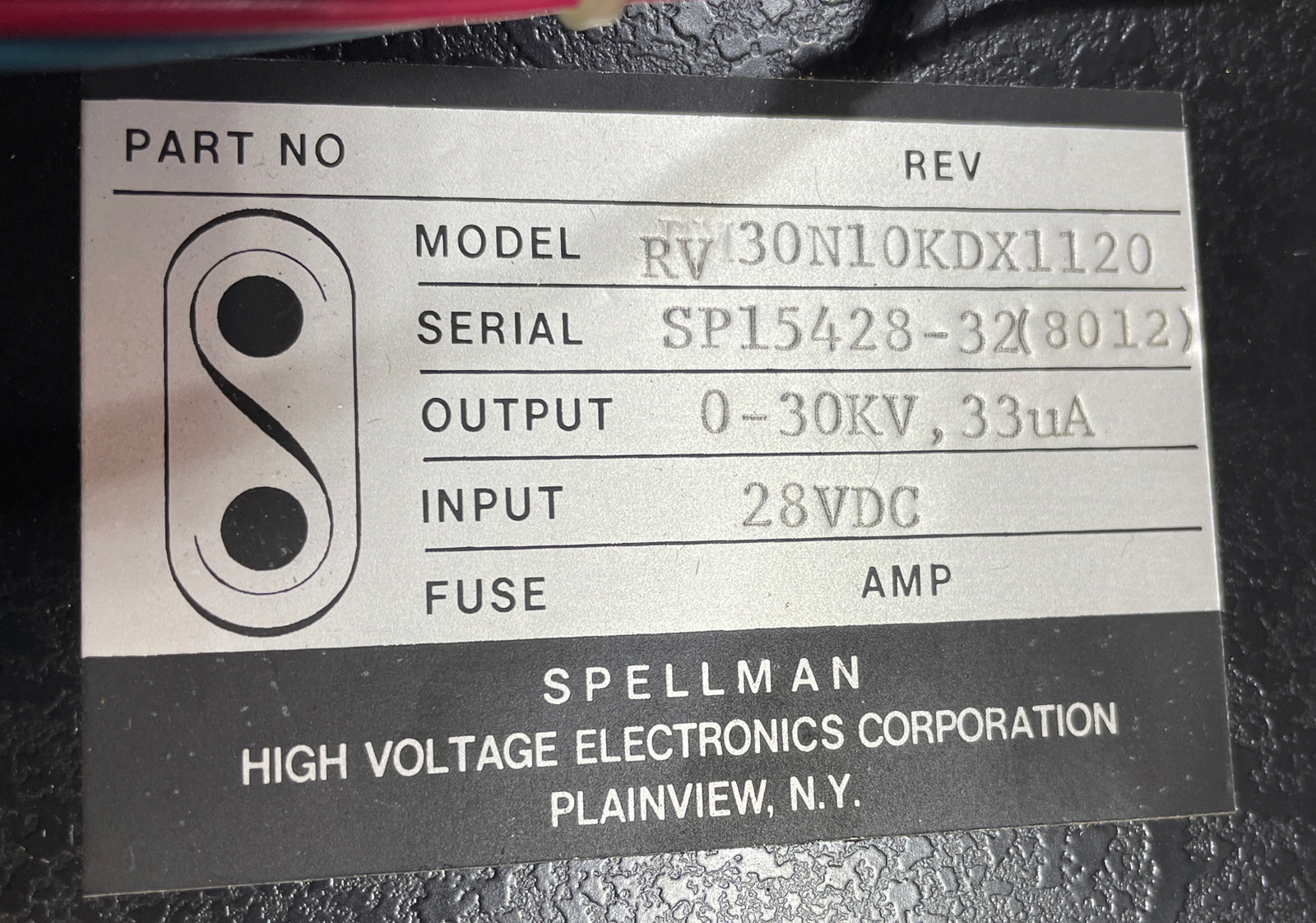 SPELLMAN POWER SUPPLY 0-30KV,33uA, INPUT: 28VDC, RV30N10KDX1120, w/ CABLE 4 FT
