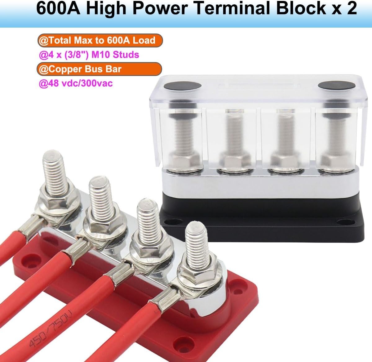 600A Heavy Duty Power Distribution Terminal 4x 3/8- Black& Red