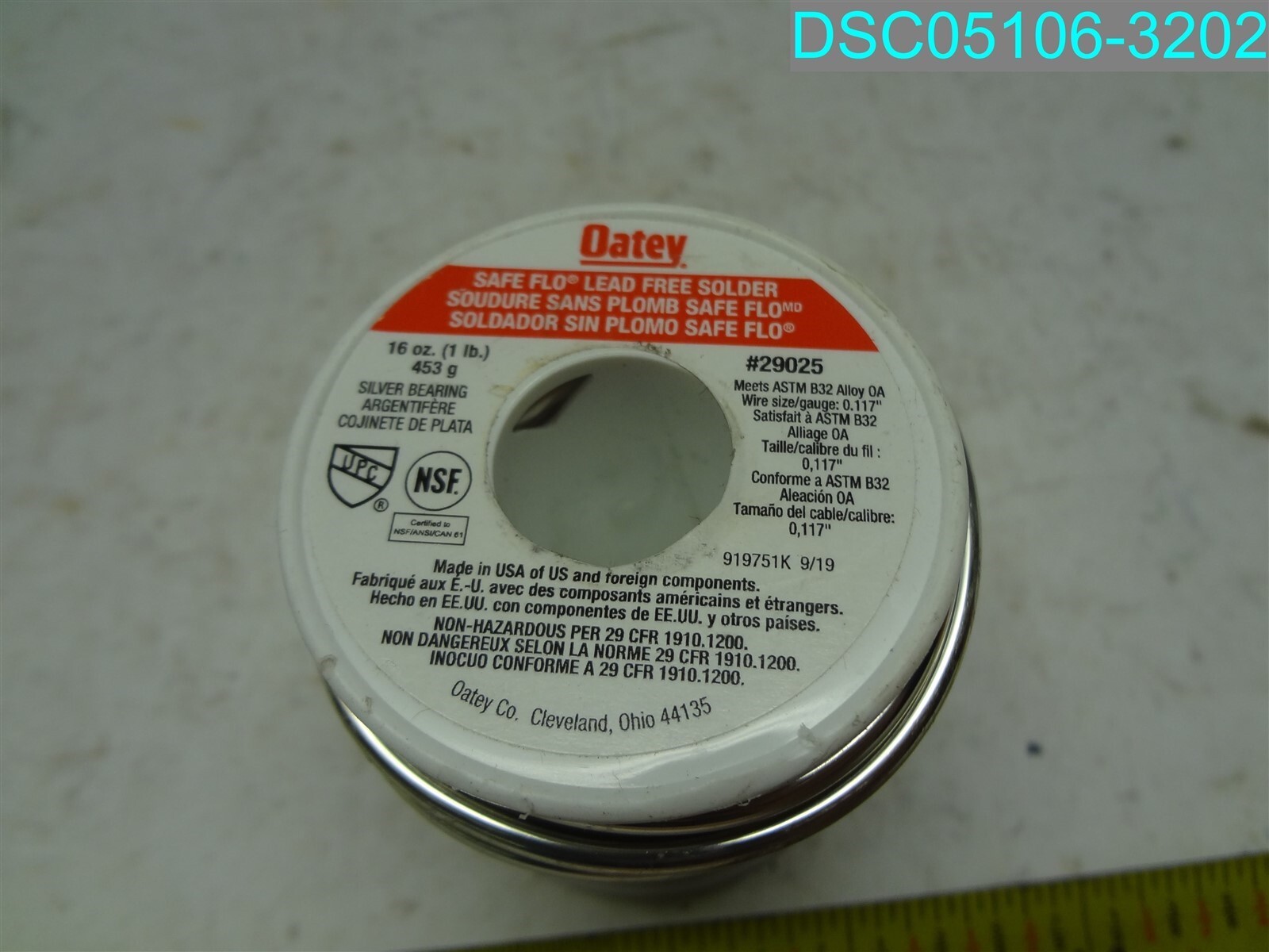 1 LB Roll Oatey 29025 Silver Alloy Lead Free Solid Wire Solder