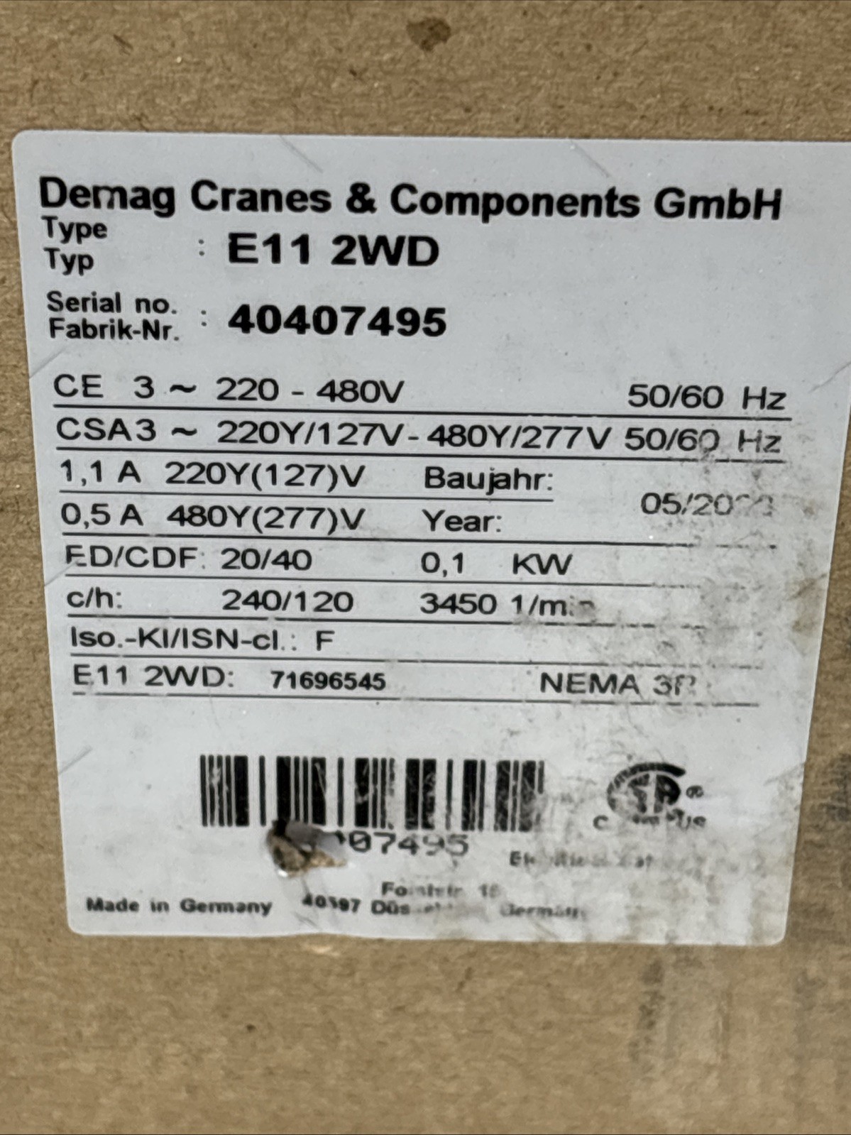 NEW Demag 71690045 / E11 2WD Electric Travel Drive; 208-480V, 50/60Hz, 3PH