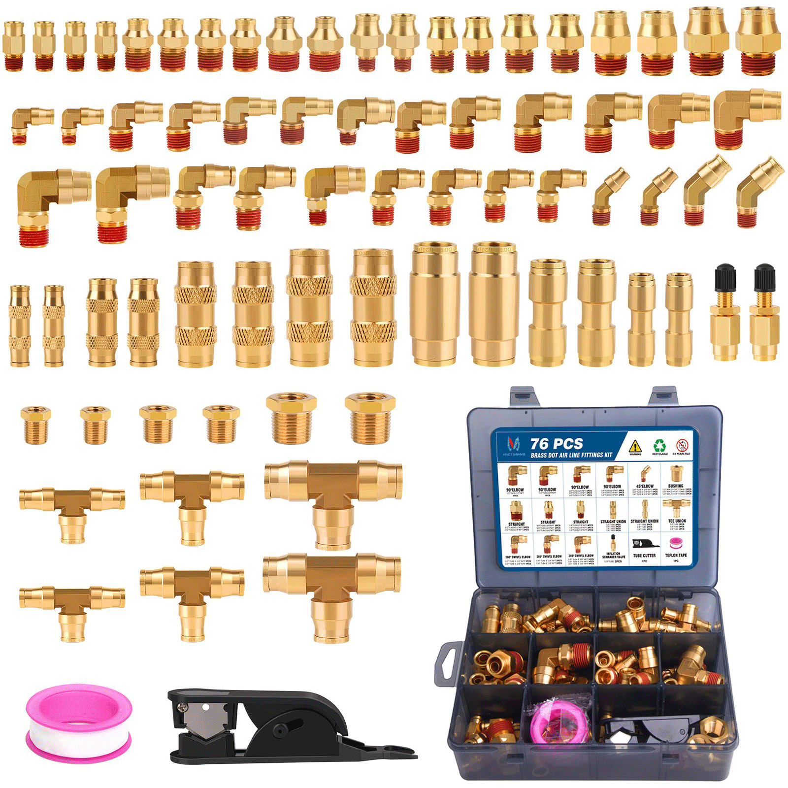 76 Pcs Brass DOT Air Line Fittings Kit Push Lock Air Fitting Push to Connect Fit