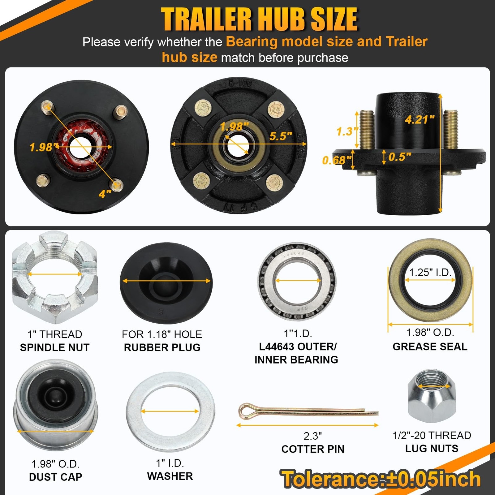 2 Sets 4 Lug Trailer Hub Kit for 2000 Lbs, for 1” BT9 Straight Axle Spindle …