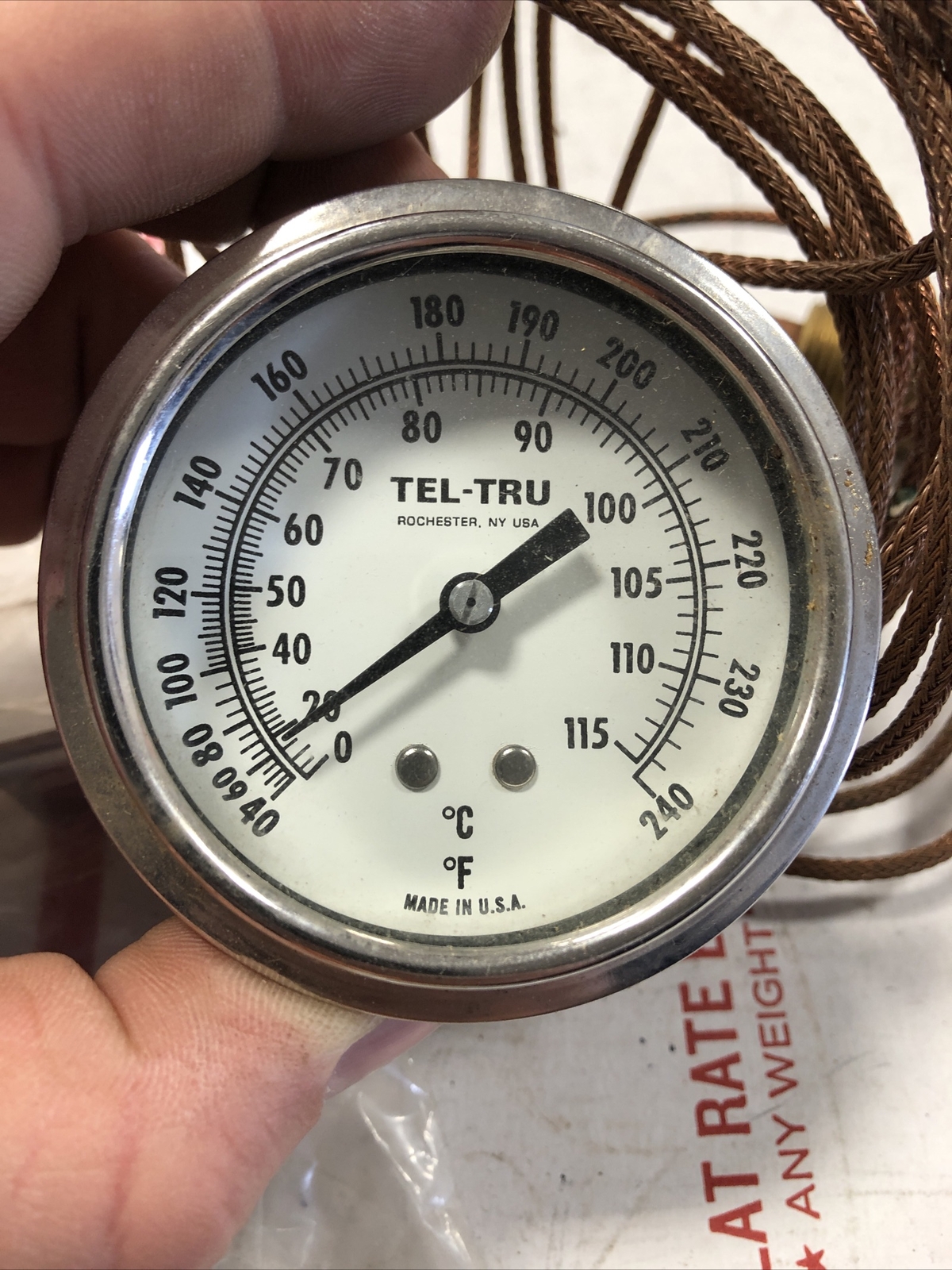 TEL-TRU THERMOMETER 40-240F 0-115C with brass probe and wire harness and mount