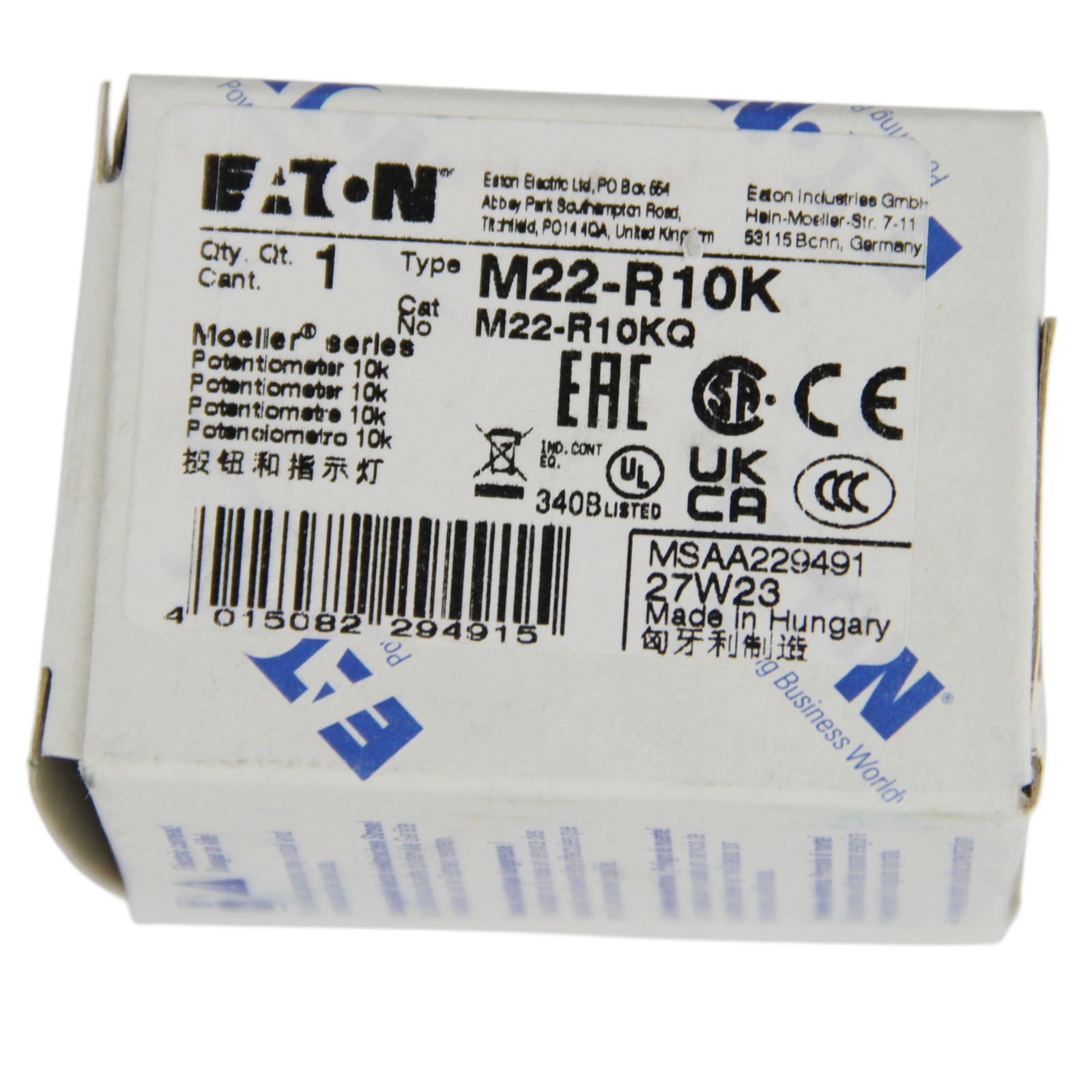 One Brand New EATON MOELLER M22-R10K 10k Potentiometer – US Stock