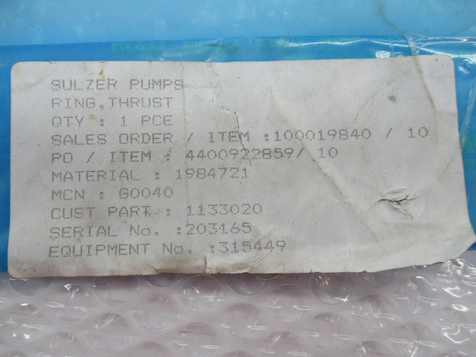 SULZER PUMPS 1984721 1133020 THRUST RING UNMP