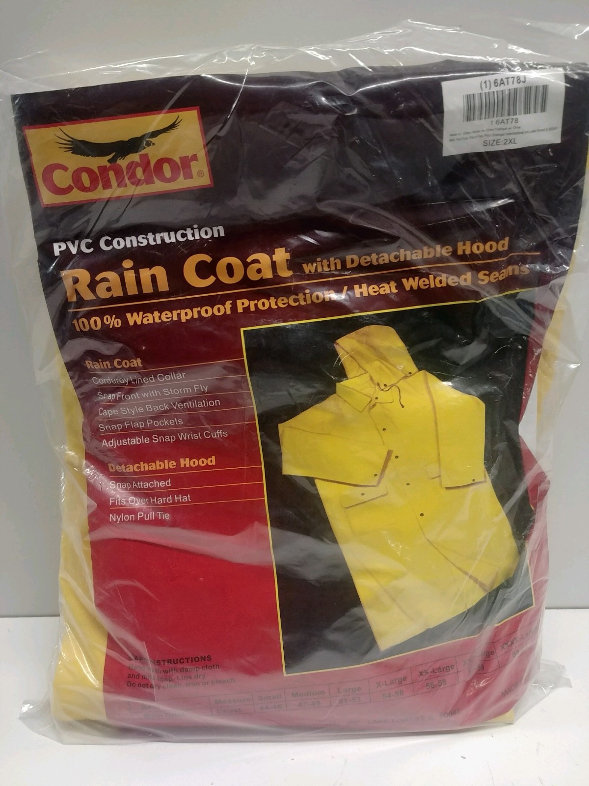 NEW OLD STOCK! CONDOR 2X-LARGE YELLOW RAIN COAT W/ DETACHABLE HOOD 6AT78