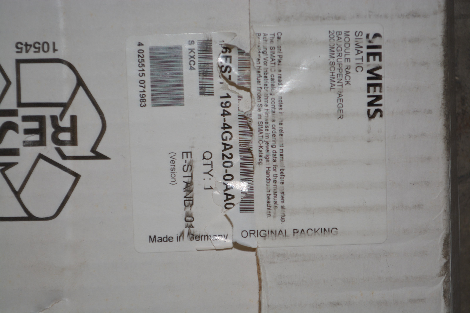 SIEMENS Simatic DP, Compact Narrow 2000mm Module Carrier 6ES7 194-4GA20-0AA0