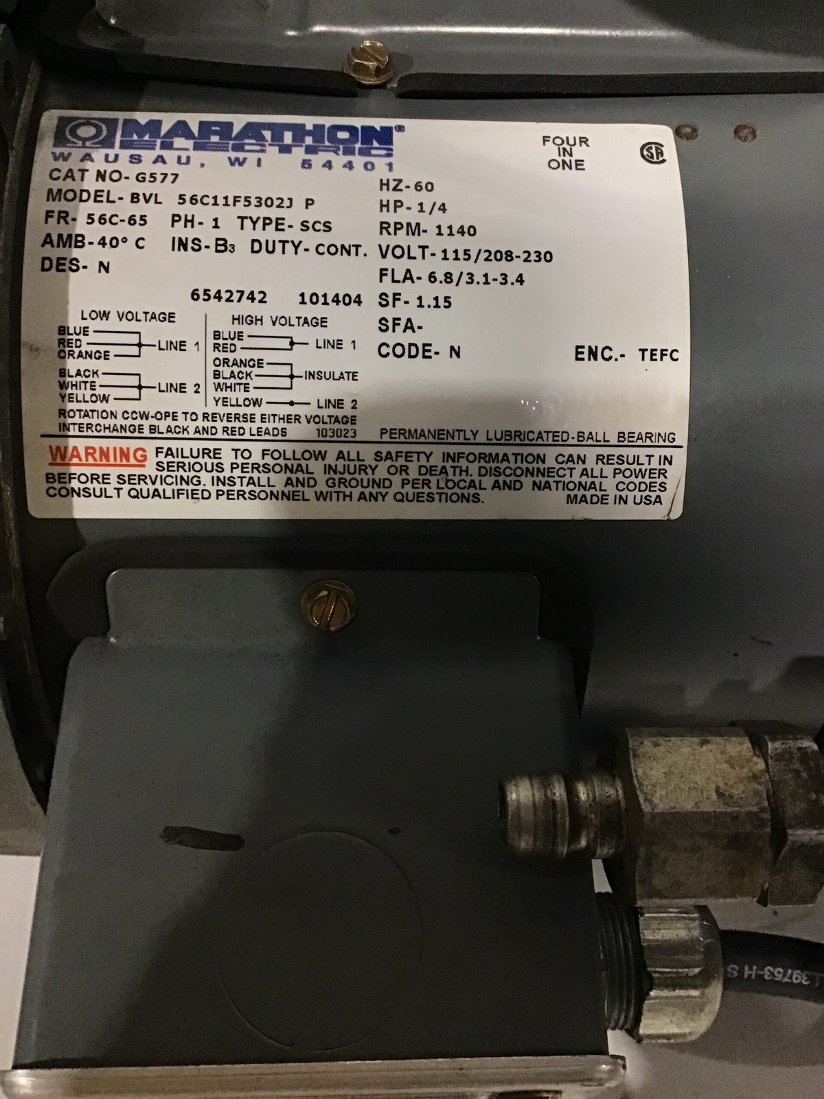 Marathon Electric BVL 56C11F5302J P Hydraulic Power Unit 1/4HP