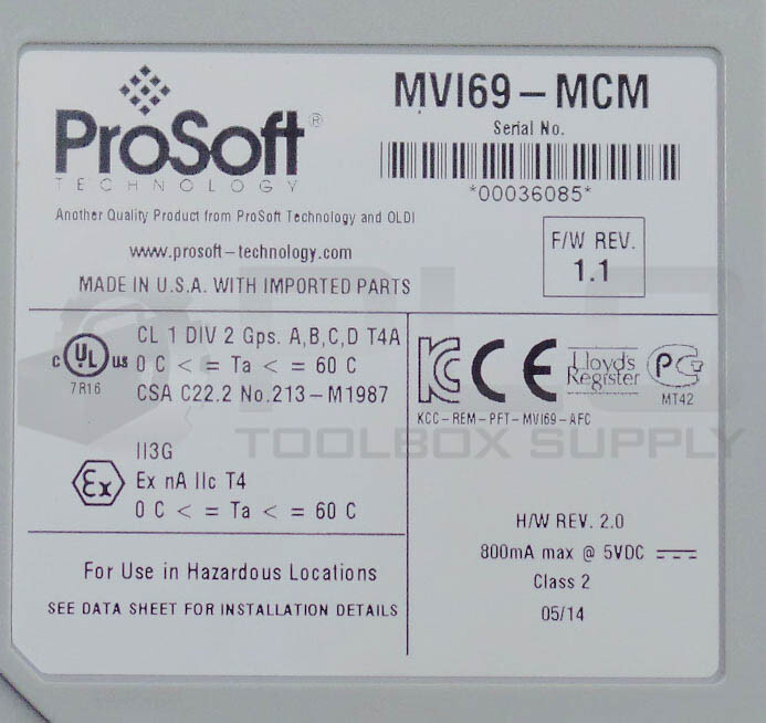 PROSOFT MVI69-MCM COMMUNICATION MODULE MODBUS MASTER/SLAVE NETWORK INTERFACE