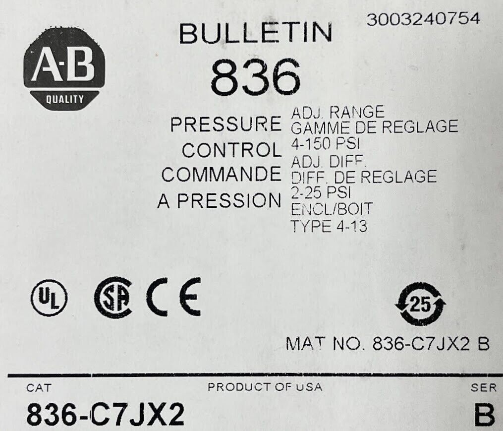 New! Allen Bradley 836-C7JX2 Pressure Control Switch Type 4-13 Ser B
