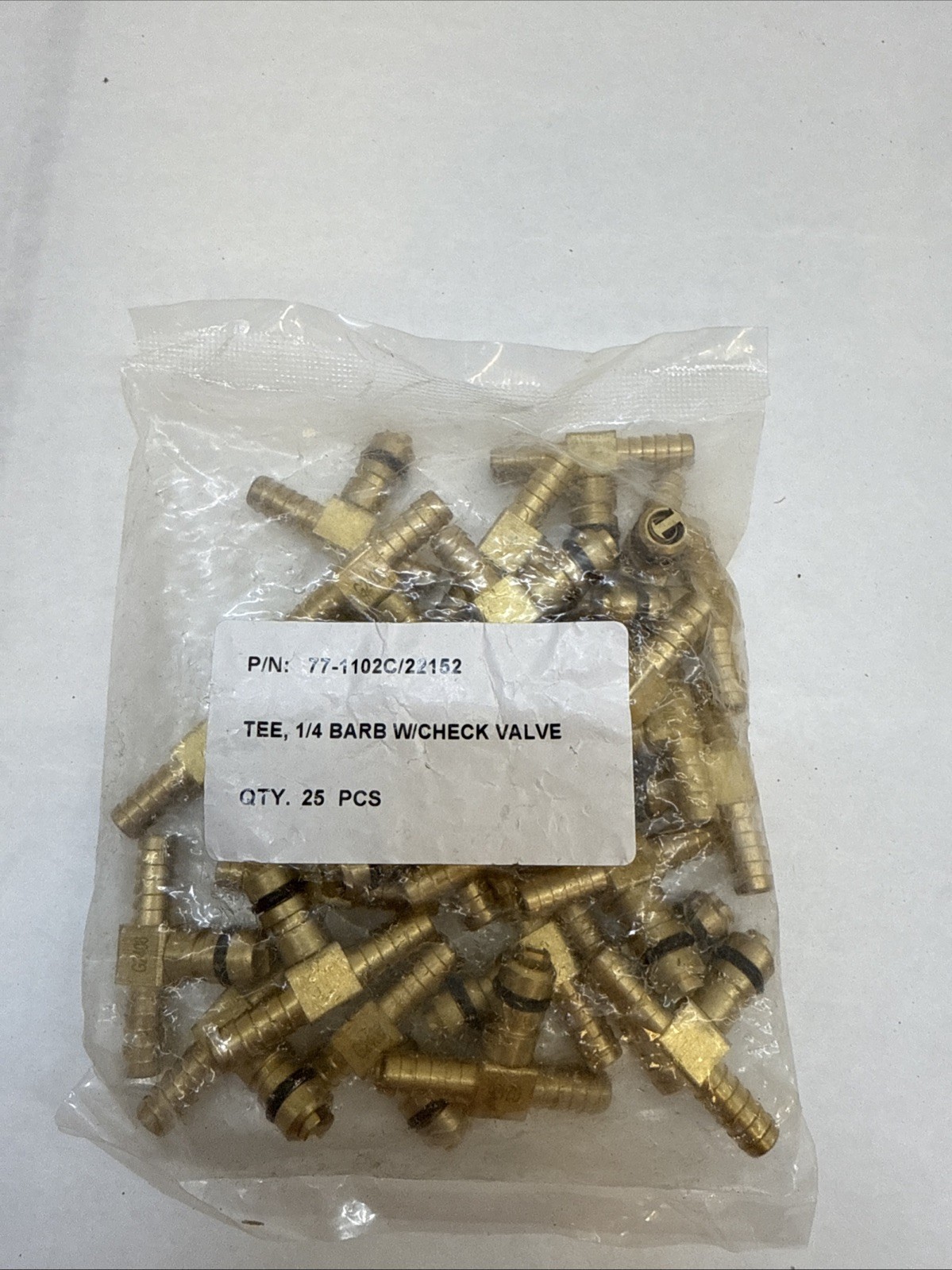 Two 1/4 Barb tee’s C02 inlet fitting with check valve and O-ring Qty 25