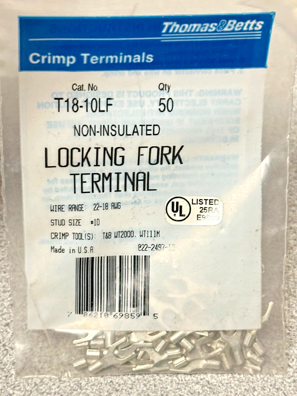 NEW 50 pk Thomas Betts T10-10LF Uninsulated Locking Fork Terminal 22-18AWG #10