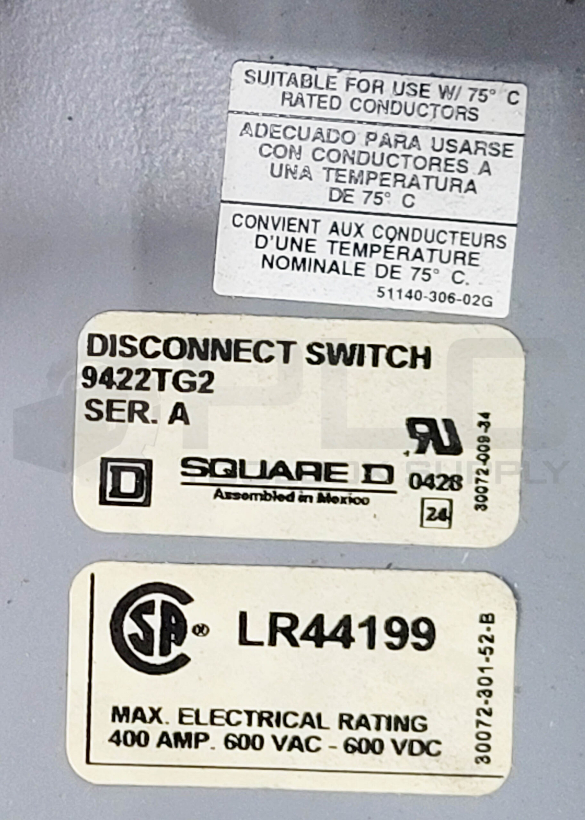 SQUARE D 9422TG2 /A DISCONNECT SWITCH LR44199 400A 600VAC 600VDC