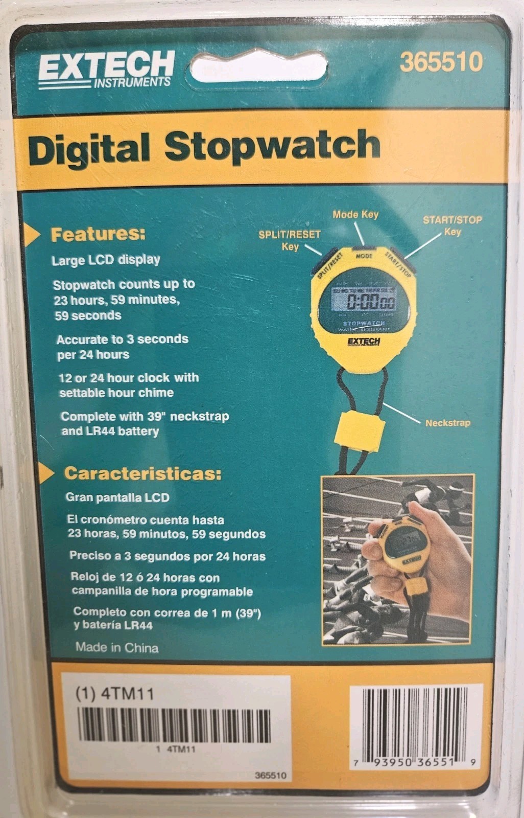 Extech 365510 Digital Stopwatch w/ Neckstrap-Water Resistant- Large LCD display