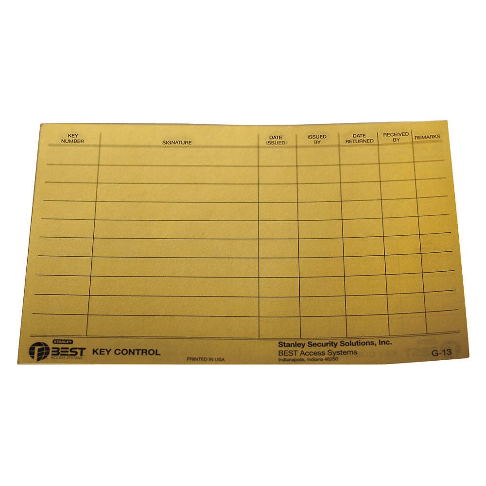 BEST G13 Key Authorization Card,Paper,For Keys 455W07