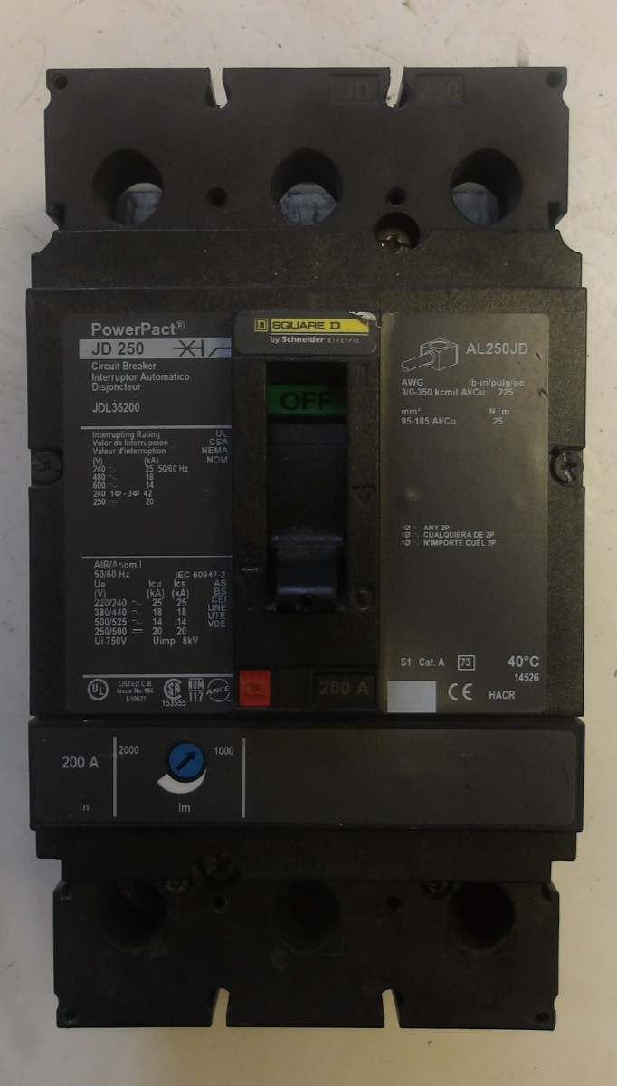 SQUARE D P/N:JDL36200 CIRCUIT BREAKER 3POLE 200AMP 50/60HZ