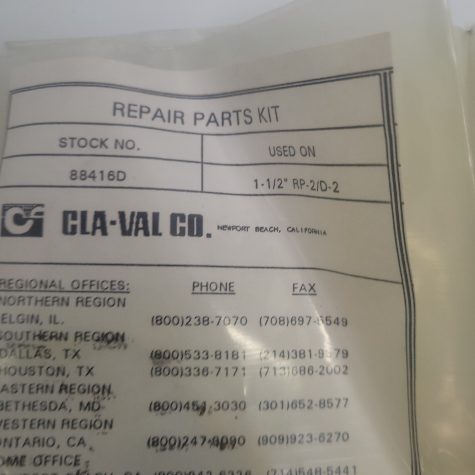 Cla-Val Co Backflow Repair Parts Kit 88416D 1-1/2″ RP-2/D-2