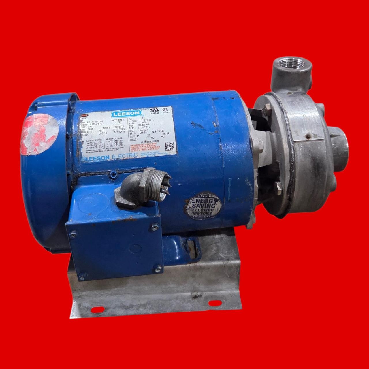 Ingersoll-Dresser Centrifugal Pump 1.25X1X4″ Type 1000 w/ Leeson 1.5 HP Motor, 3