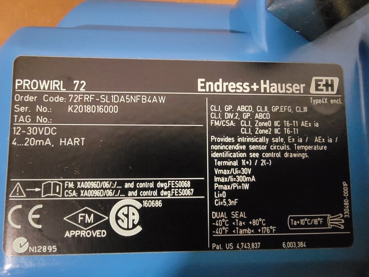 SURPLUS NEW ENDRESS+HAUSER 72FRF 72FRF-SL1DA5NFB4AW Vortex Flowmeter, E+H