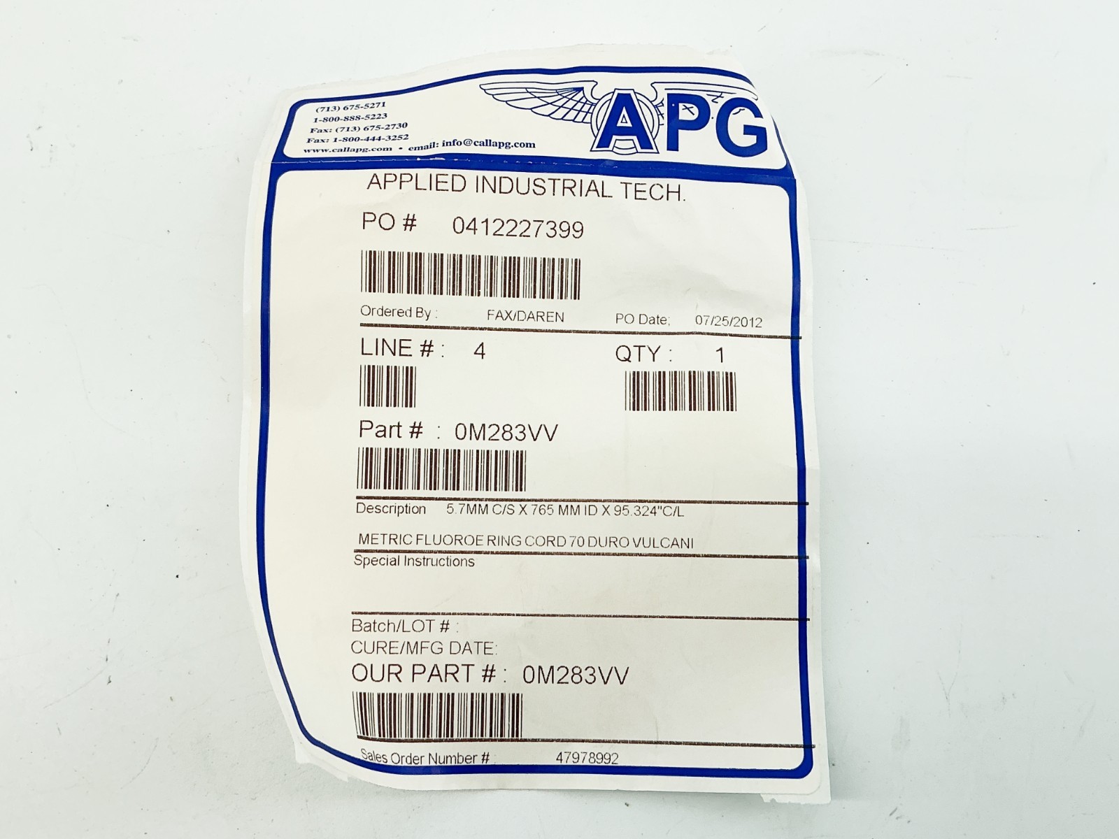 New Applied Industrial Technologies OM283VV O-ring 5.7MMX909MMIDX113.134″CL